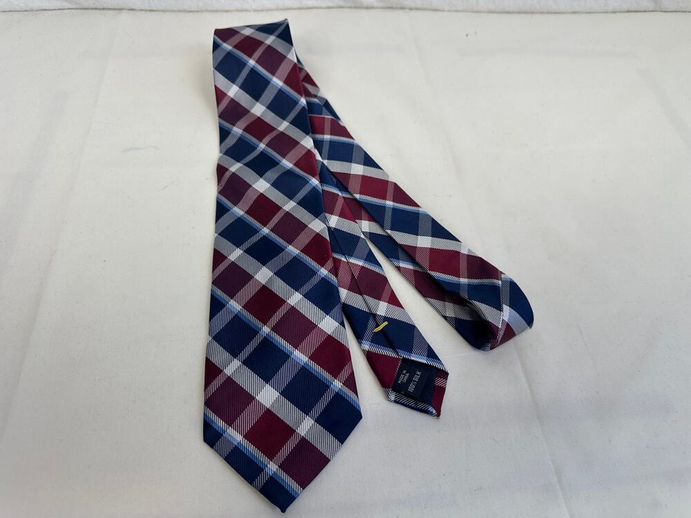 Nautica 100% Silk Navy Blue Tie with Burgundy & White Stripes